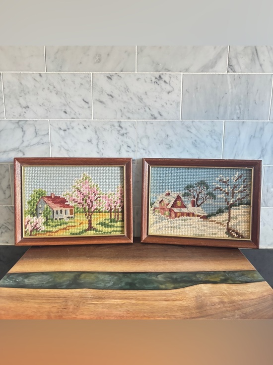 Vintage Other - Vintage Pair of Small Framed Needlepoint Art of Spring and Winter Landscapes